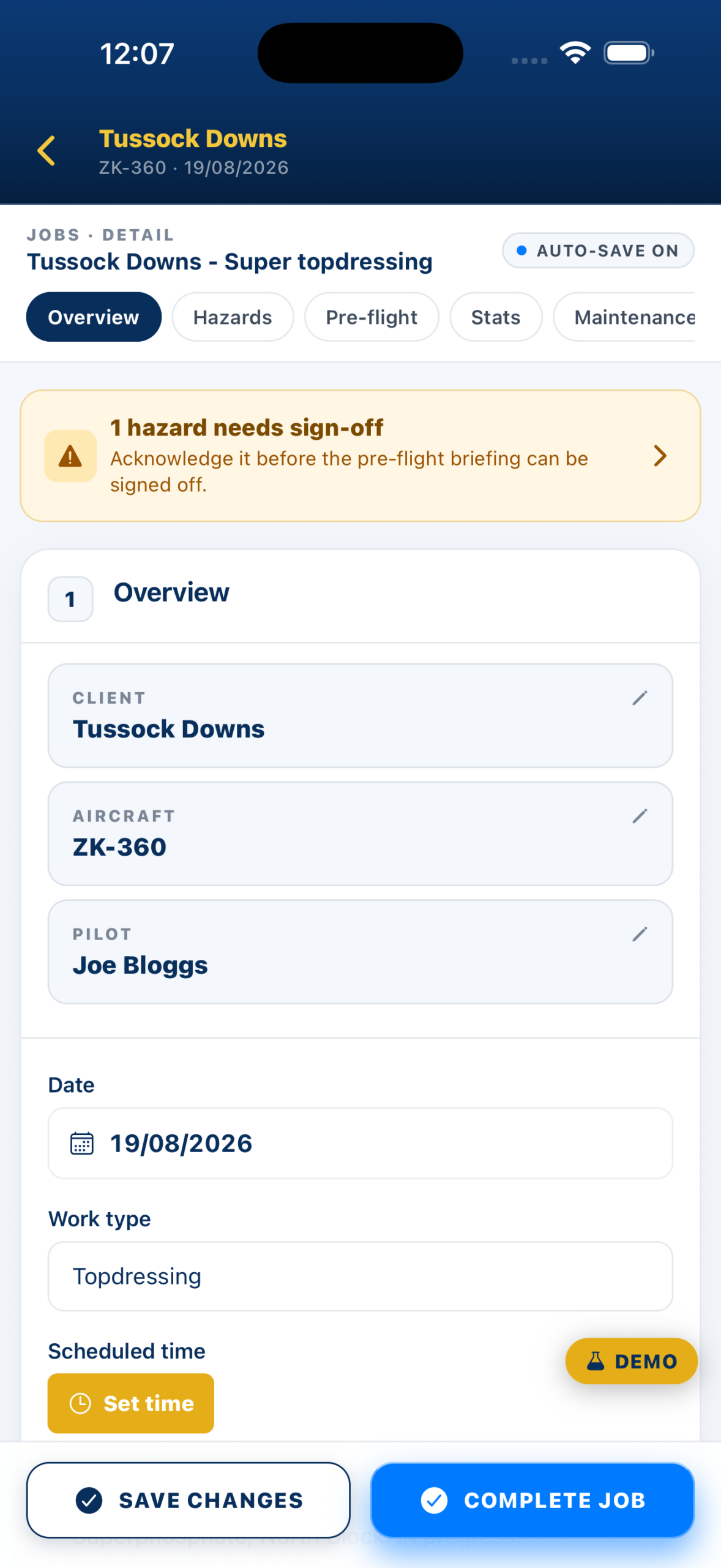 Pilot 360 job details on iPhone, with the aircraft and pre-flight record in one place