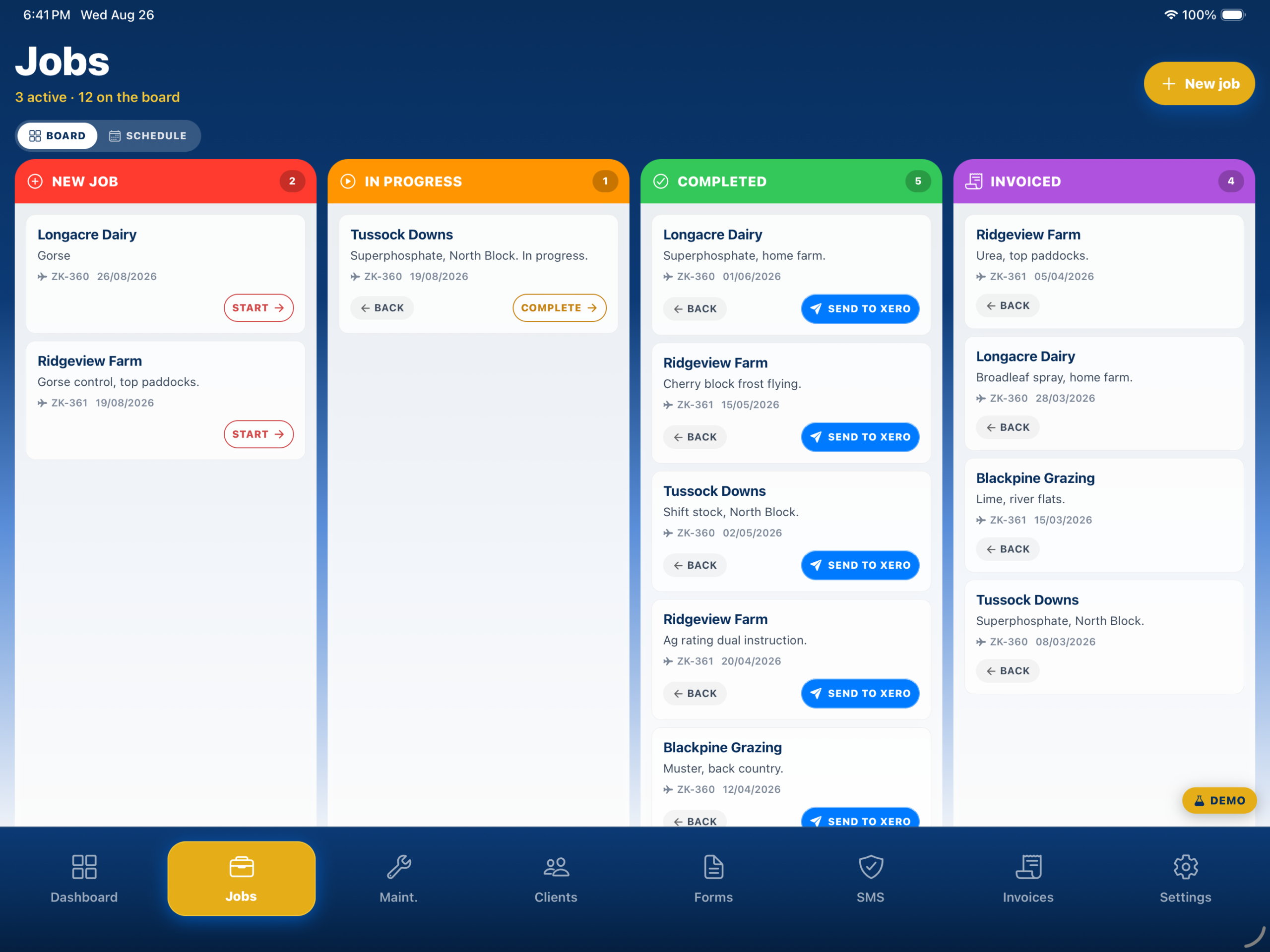 Pilot 360 demo jobs board showing Longacre Dairy, Tussock Downs and ZK-360 across the day
