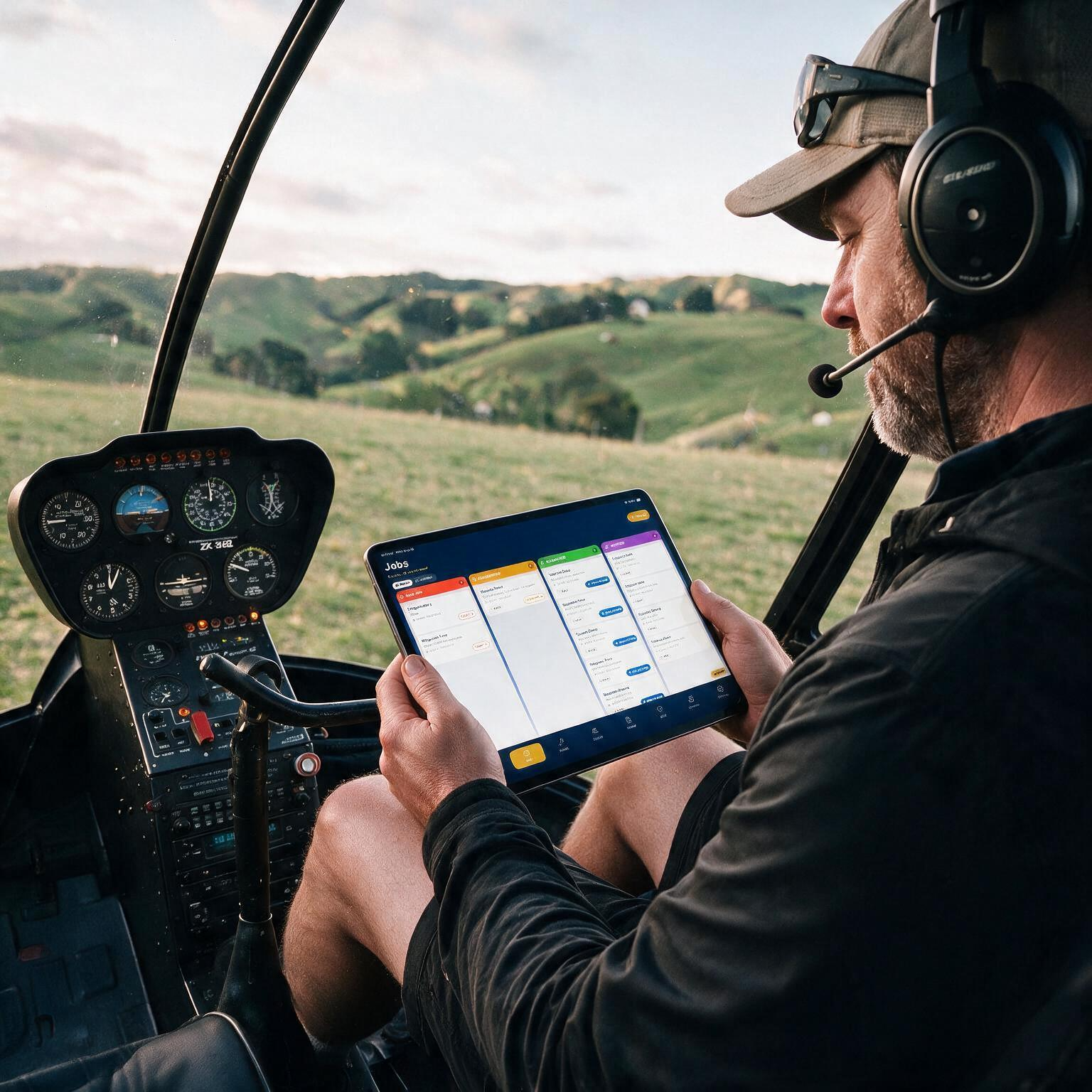 Pilot in a helicopter reviewing the Pilot 360 jobs board on an iPad